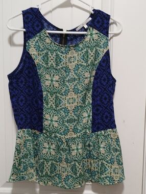Collective Concepts Blue and Green Sleeveless Peplum Top